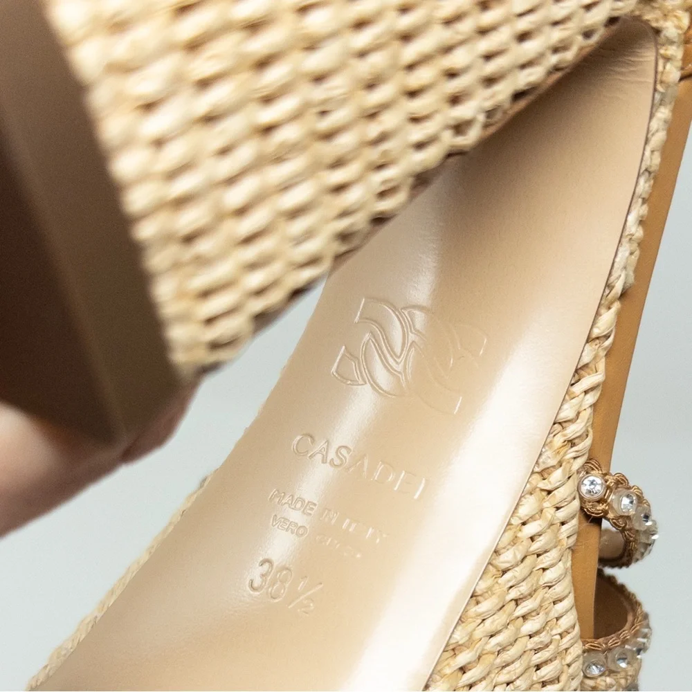 NEW Casadei Limelight Platform Sandals (Sz 38.5) Chunky Heel Crystal Raffia
